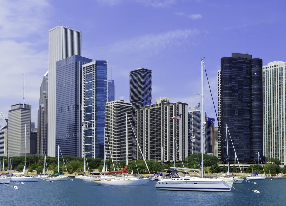 Boaters view of Chicago skyline in summer